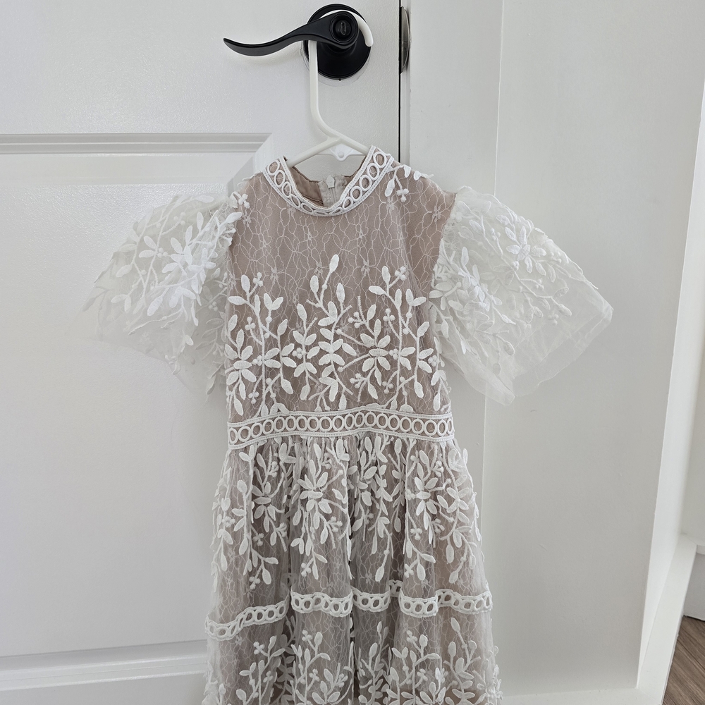 Ivy City Co White Lace Overlay Dress with Puff Tulle Sleeves